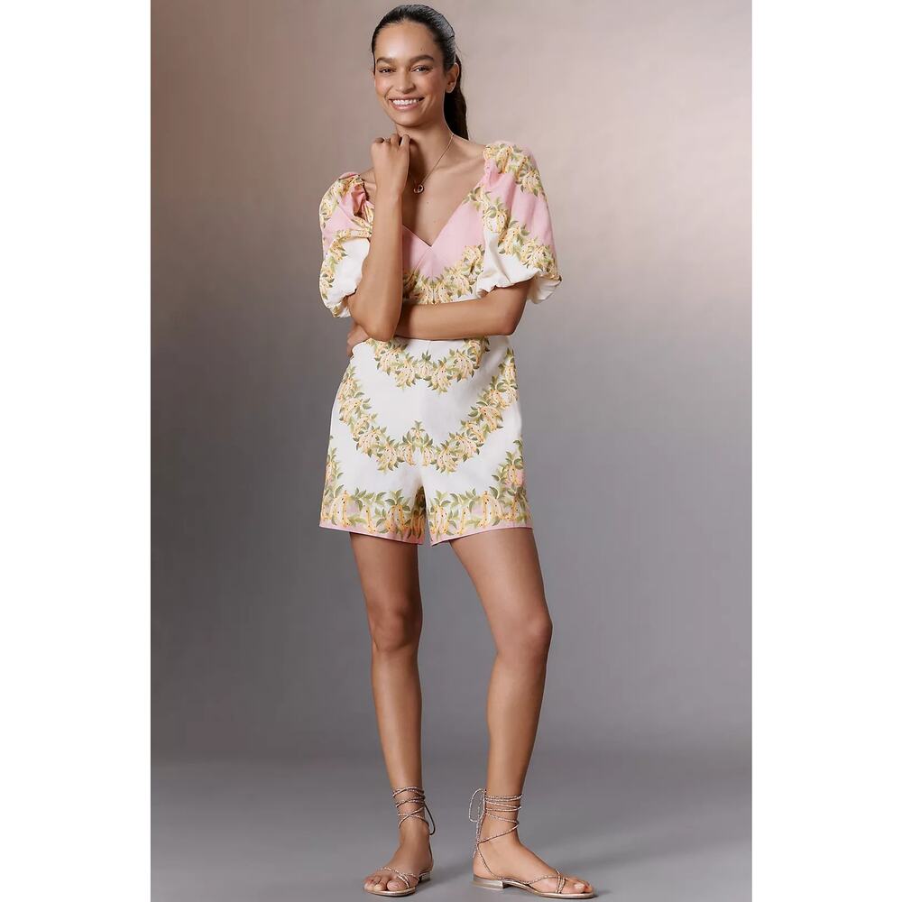 NWT Farm Rio x Anthropologie V-Neck Puff-Sleeve Linen Blend Romper $198 MEDIUM
